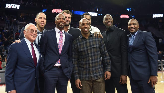 Members of the Pistons 2004 Championship team return for a tribute on January 6, 2016: From left, coach Larry Brown, Tayshaun Prince, Richard Hamilton, Mehmet Okur, Chauncey Billups, Rasheed Wallace, Ben Wallace and Lindsay Hunter.