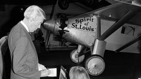 Actor Jimmy Stewart visits Henry Ford Museum in 1979 to see the 'Spirit of St. Louis' airplane, the sister craft of Charles Lindbergh's plane, which he donated to the museum. Stewart portrayed Lindbergh in the 1957 film 'The Spirit of St. Louis.'