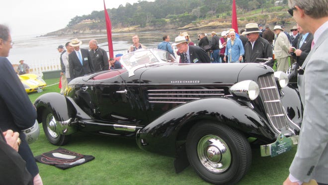 The Sports Clips Collection of Georgetown, Texas is listed as owner of this 1936 Auburn 852 Speedster with Schweitzer-Cummins supercharger that pushed the horsepower of its straight eight to 150. Gordon Buehrig designed the boattail speedster.