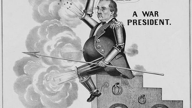 This caricature of presidential candidate Cass -- dubbed "General Gas" by his detractors -- depicts him as a war machine. The suggestion is that his quest for territorial expansion would lead the country again into war, just as the Mexican War had ended.