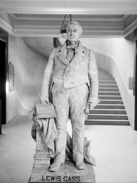 In 1864, Congress invited each state to contribute two statues of prominent citizens for permanent display in what would be called Statuary Hall at the Capitol. Michigan sent this full-length statue of Cass, created by Daniel Chester French in 1889, and one of former U.S. Sen. Zachariah Chandler,which was removed in 2011 in favor of President Gerald Ford.