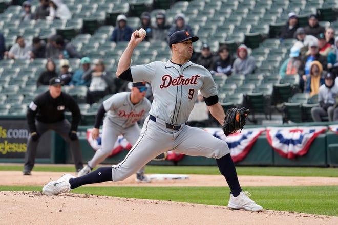 Detroit Tigers starting pitcher Jack Flaherty throws against the Chicago White Sox during the first inning of a baseball game in Chicago, Sunday, March 31, 2024.