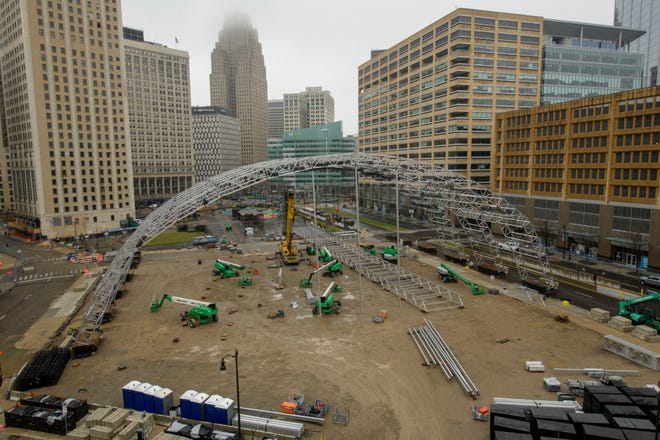 Construction continues on the NFL Draft stage in Cadillac Square, in downtown Detroit, April 2, 2024.