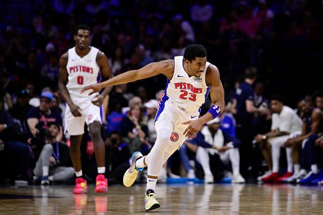Detroit Pistons' Jaden Ivey reacts after a basket against the Philadelphia 76ers during the first half.