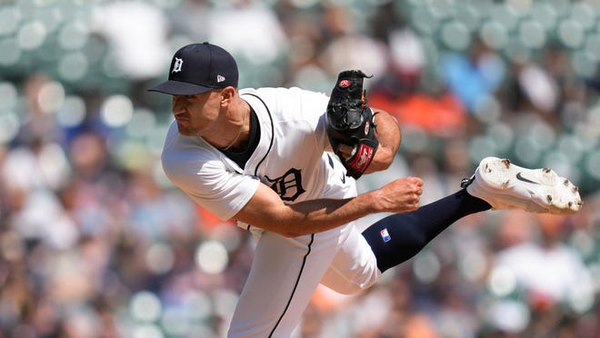 Detroit Tigers pitcher Jack Flaherty throws against the Minnesota Twins in the fourth inning Sunday, April 14, 2024, at Comerica Park in Detroit.