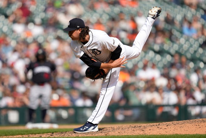Detroit Tigers pitcher Jason Foley throws against the Minnesota Twins in the ninth inning of a baseball game, Sunday, April 14, 2024, in Detroit. (AP Photo/Paul Sancya)
