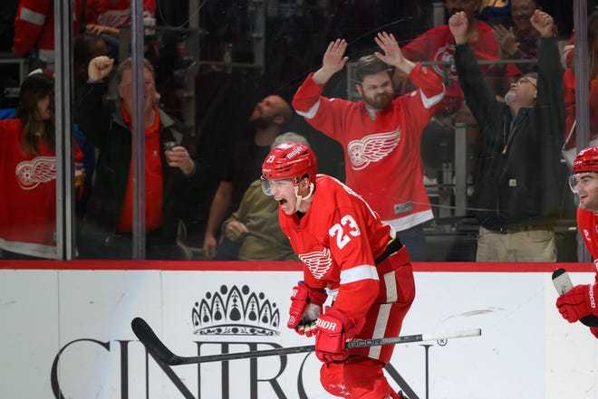 Detroit left wing Lucas Raymond celebrates after scoring the game tying goal during the third period.