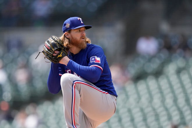 Texas Rangers pitcher Jon Gray throws during the first inning of a baseball game against the Detroit Tigers, Tuesday, April 16, 2024, in Detroit. The Tigers win, 4 to 2.