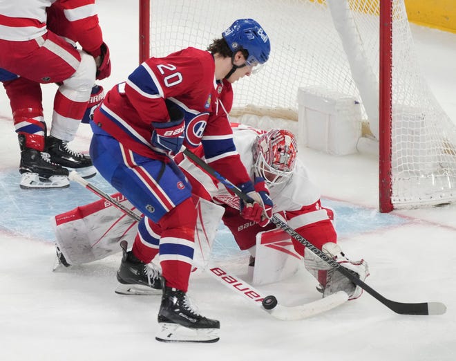 Detroit Red Wings goaltender James Reimer (47) makes a save against Montreal Canadiens' Juraj Slafkovsky (20) during the second period.