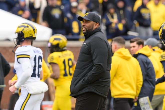 Michigan head coach Sherrone Moore looks on during the first quarter of the annual spring game at Michigan Stadium in Ann Arbor on Saturday, April 20, 2024.