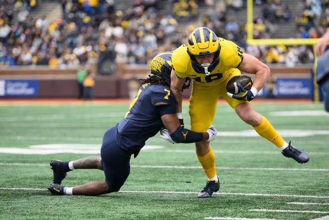 Team Maize tight end Colston Loveland is tackled by Team Blue defensive back Makari Paige in the second quarter of the annual spring game at Michigan Stadium.