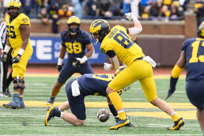 Team Maize tight end Hogan Hansen can’t hold onto this pass in the third quarter of the annual spring game at Michigan Stadium.