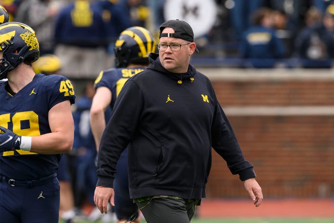 Tight ends coach Steve Casula before the start of the annual spring game at Michigan Stadium.