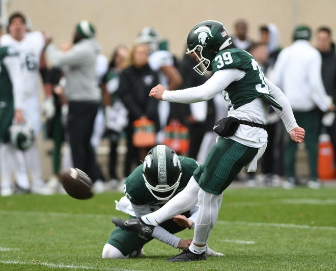 Kicker Yousef Obeid kicks a field goal during the Michigan State football's spring showcase/scrimmage at Spartan Stadium in East Lansing, Michigan on April 20, 2024.