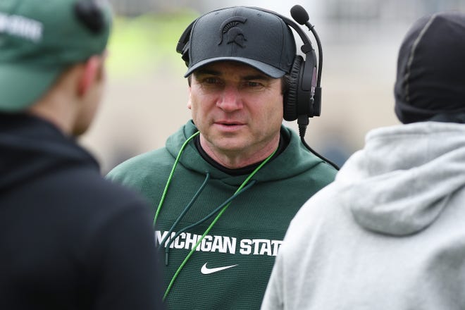 Michigan State football coach Jonathan Smith during the Michigan State football's spring showcase/scrimmage at Spartan Stadium in East Lansing, Michigan on April 20, 2024.