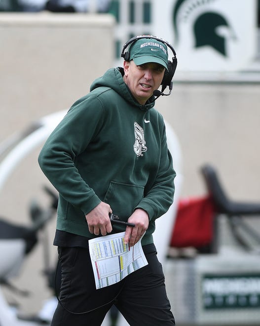 Michigan State offensive coordinator Brian Lindgren on the field during the Michigan State football's spring showcase/scrimmage at Spartan Stadium.