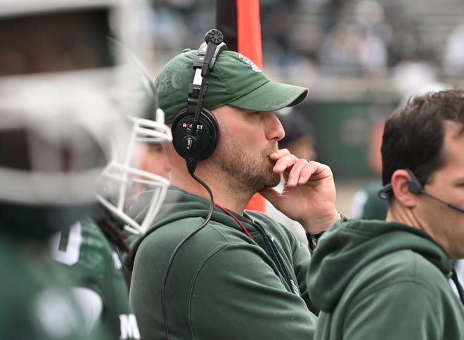 MSU defensive coordinator Joe Rossi on the sidelines during the Michigan State football's spring showcase/scrimmage at Spartan Stadium.