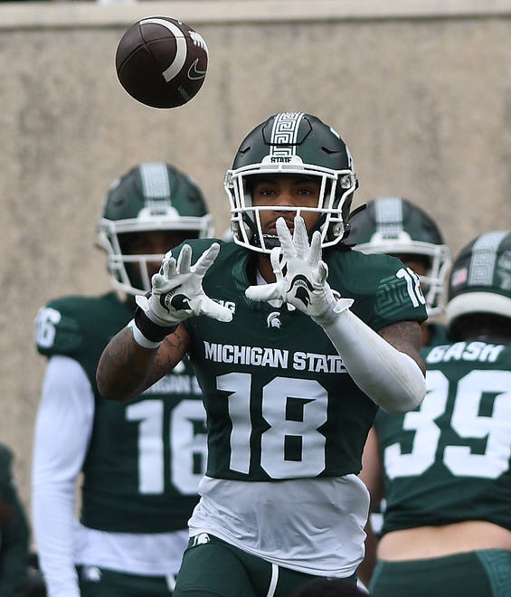 Defensive back Malcolm Jones readies for a reception during Michigan State football's spring showcase/scrimmage at Spartan Stadium in East Lansing, Michigan on April 20, 2024.