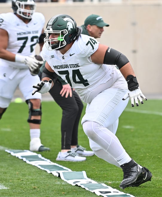 Offensive lineman Gino VanDeMark works off the line during drills at Michigan State football's spring showcase/scrimmage at Spartan Stadium in East Lansing, Michigan on April 20, 2024.