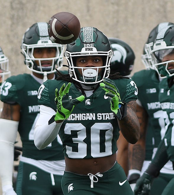 Defensive back Avon Grose readies for a reception at Michigan State football's spring showcase/scrimmage at Spartan Stadium in East Lansing, Michigan on April 20, 2024.