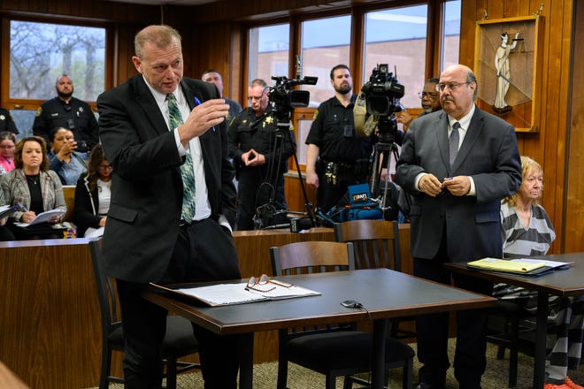 Monroe County Prosecutor Jeffrey Yorkey speaks during the arraignment of Marshella Chidester, with defense attorney Bill Colovos, in Monroe County District Court before District Court Judge Christian Horkey in Monroe, Tuesday, April 22, 2024. Chidester is accused of driving drunk and killing two children and injuring 13 other people at Swan Boat Club. Andy Morrison, The Detroit News