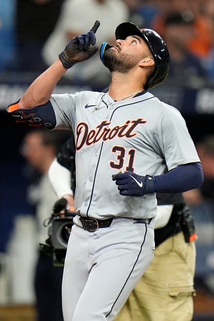 Detroit Tigers' Riley Greene celebrates his home run off Tampa Bay Rays starting pitcher Ryan Pepiot during the third inning.