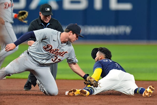 Tampa Bay Rays' Jose Caballero steals second base ahead of the tag by Detroit Tigers second baseman Colt Keith (33) during the third inning.