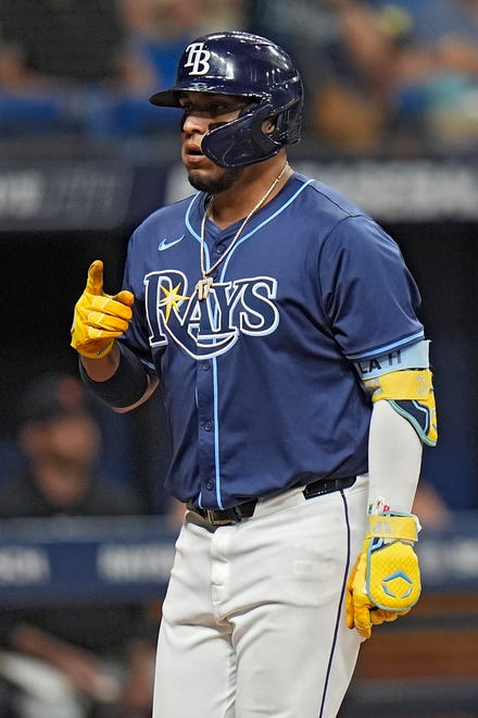 Tampa Bay Rays' Isaac Paredes celebrates his two-run home run off Detroit Tigers relief pitcher Alex Faedo during the sixth inning.