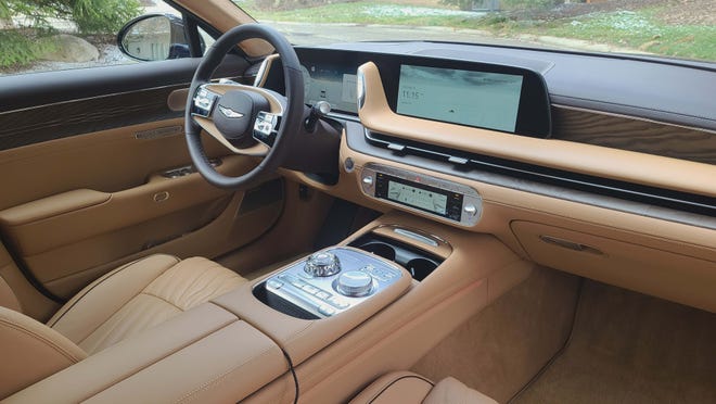 The posh interior of the 2024 Genesis G90 is knee deep in technical controls.