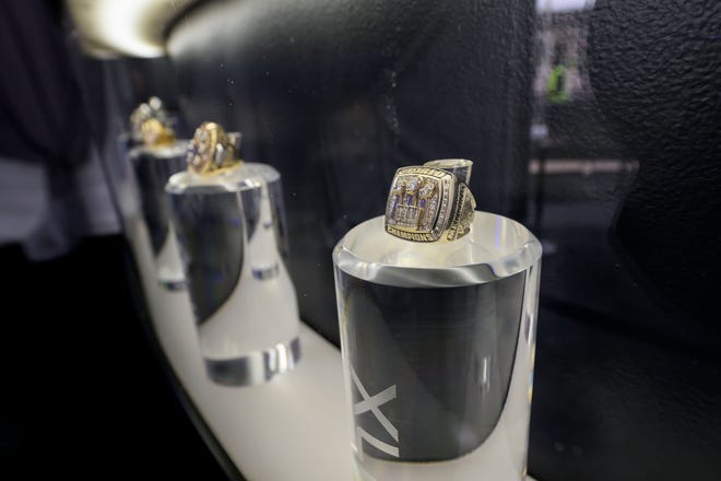 Super Bowl rings from every year sit on display at the NFL Draft experience, at Hart Plaza, in Detroit, April 24, 2024.
