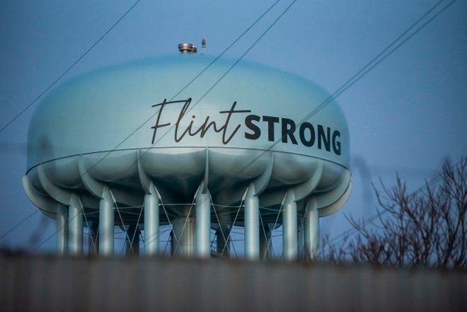 The water tower located at the City of Flint Water Plant reads "Flint Strong" on Friday, April 19, 2024 in Flint.