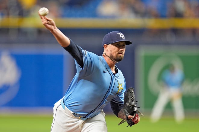 Tampa Bay Rays opening pitcher Shawn Armstrong delivers to the Detroit Tigers during the first inning of a baseball game Wednesday, April 24, 2024, in St. Petersburg, Fla. The Rays win, 7 to 5.