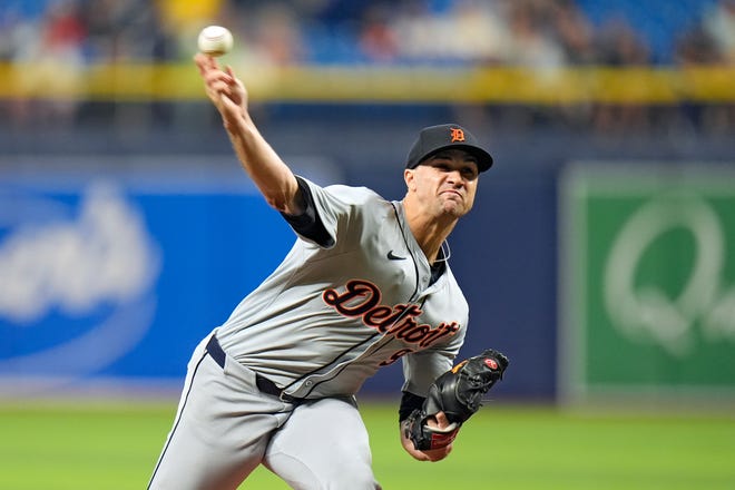 Detroit Tigers starting pitcher Jack Flaherty delivers to the Tampa Bay Rays during the first inning.