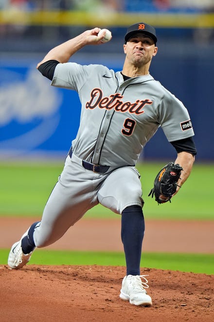Detroit Tigers' Jack Flaherty pitches to the Tampa Bay Rays during the first inning.