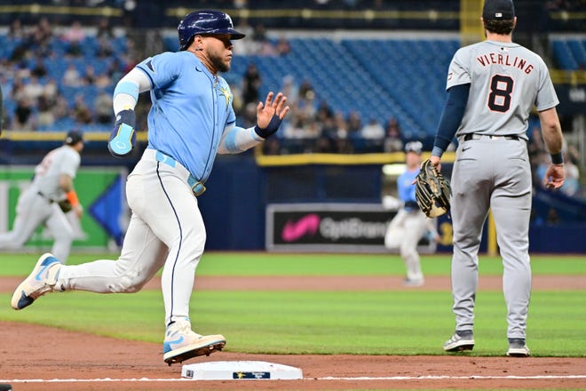 Harold RamÃ­rez #43 of the Tampa Bay Rays rounds third base after Ben Rortvedt (not pictured) hit an RBI double in the second inning.