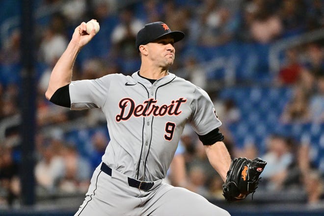 Jack Flaherty #9 of the Detroit Tigers delivers a pitch to the Tampa Bay Rays in the first inning.