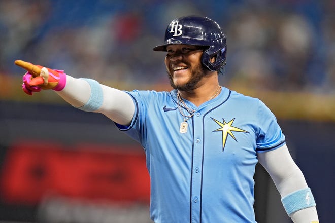 Tampa Bay Rays' Harold Ramirez celebrates after his single off Detroit Tigers starting pitcher Jack Flaherty during the fourth inning.