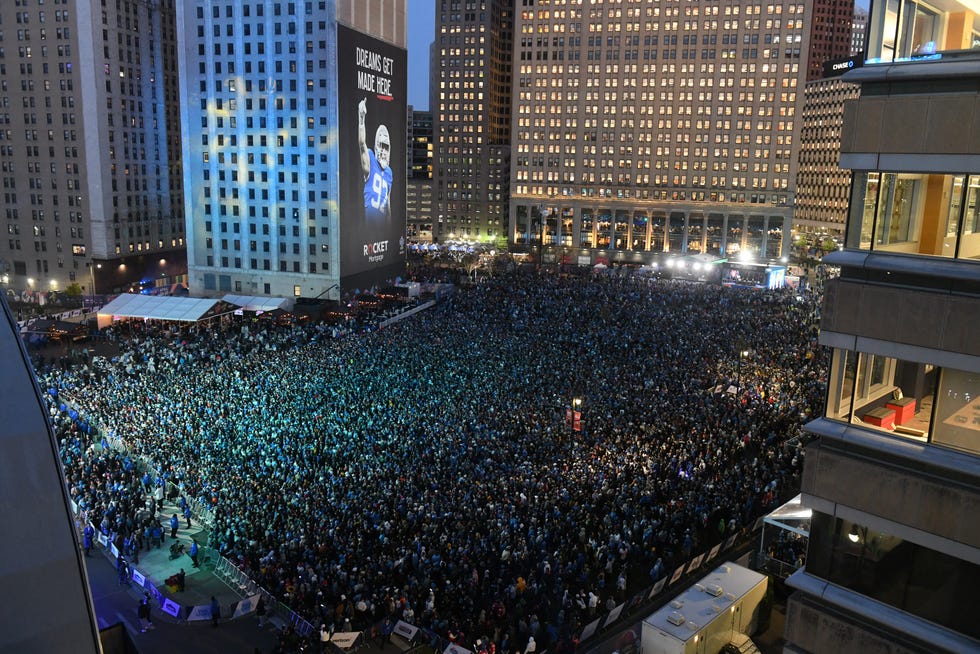 Throngs of people attend the NFL Draft in downtown Detroit on Thursday night.