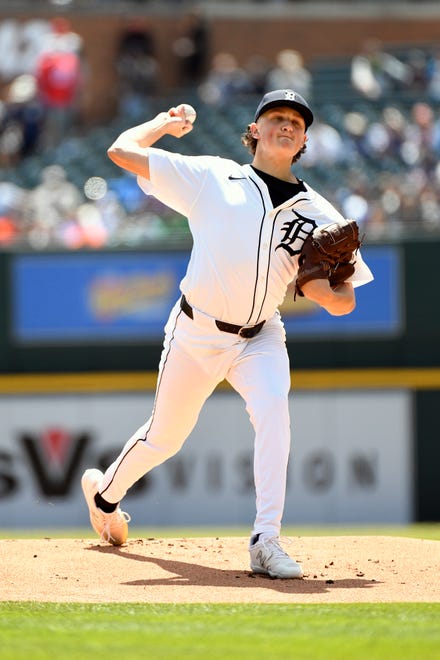 Tigers starting pitcher Reese Olson throws against the Royals in the first inning.