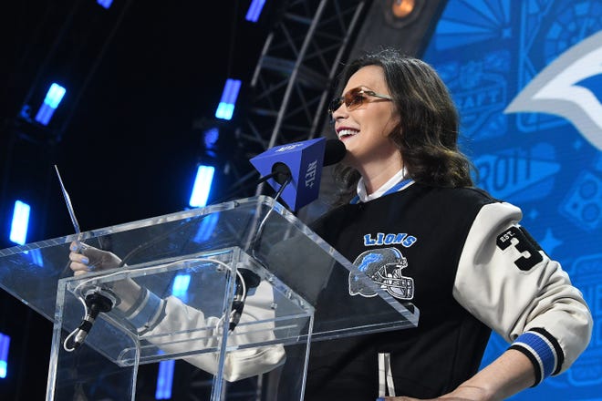 Gov. Gretchen Whitmer said, “I have to put my Buffs on to read this” before announcing the Detroit Lions' fourth-round pick, Giovanni Manu, at the 2024 NFL Draft in Detroit.