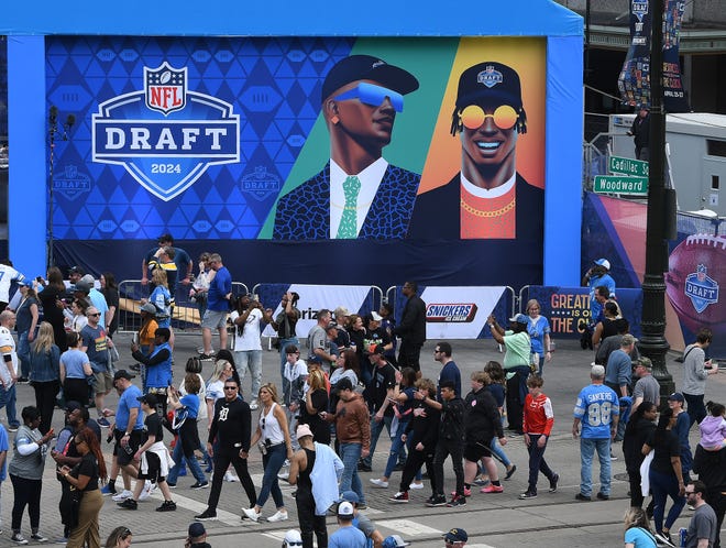 NFL Draft signage along Campus Martius during Day 3 of the 2024 NFL Draft in Detroit.