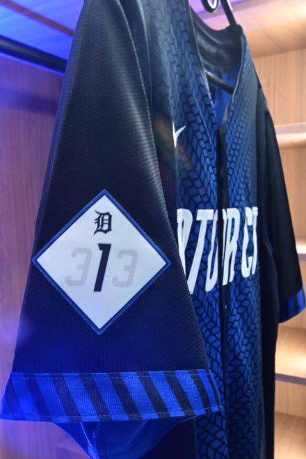 Tigers launch the Nike MLB City Connect Series uniforms, with a 313 for Detroit's area code and 1 for Highway 1 or Woodward Avenue, in Detroit’s locker room at Comerica Park in Detroit, Michigan on May 6, 2024. Daniel Mears, The Detroit News