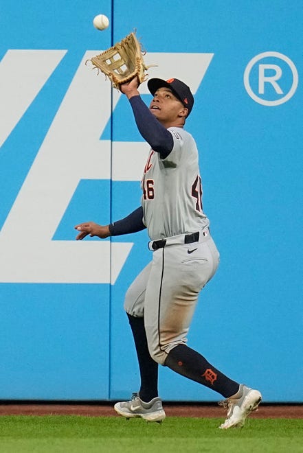 Detroit Tigers outfielder Wenceel Pérez (46) catches a fly ball for the out on Cleveland Guardians' Estevan Florial during the seventh inning.