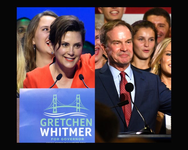 Michigan gubernatorial candidates, Democrat Gretchen Whitmer and Republican Bill Schuette deliver primary election victory speeches Tuesday night, August 7, 2018.