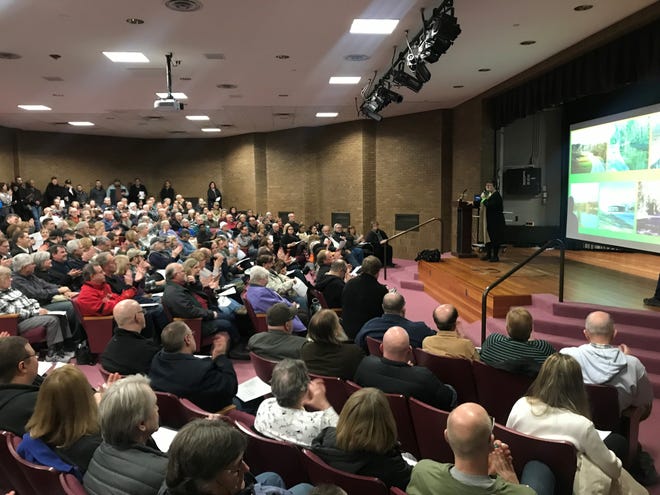 More than 300 people attended a meeting organized by opponents of county redevelopment plans for HInes Park property  at the Bennett Civic Center Library in Livonia on Wednesday, Jan. 9, 2019.