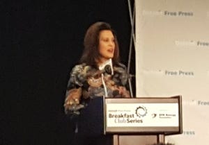 Michigan Gov. Gretchen Whitmer talked about fixing roads, education and said she was intent on working with Republicans at a Friday event.