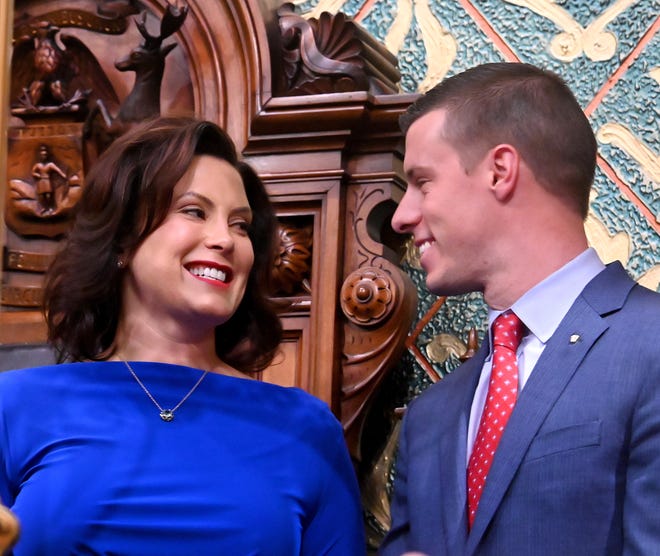 Gov. Gretchen Whitmer with Speaker of the House Lee Chatfield before her State of the State speech.
