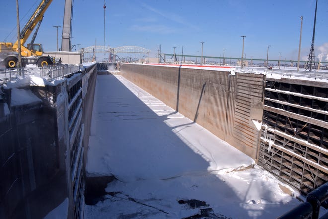 The Poe Lock, 1,350 feet long, is empty of water, after repairs and maintenance wind down during a 10-week maintenance schedule.