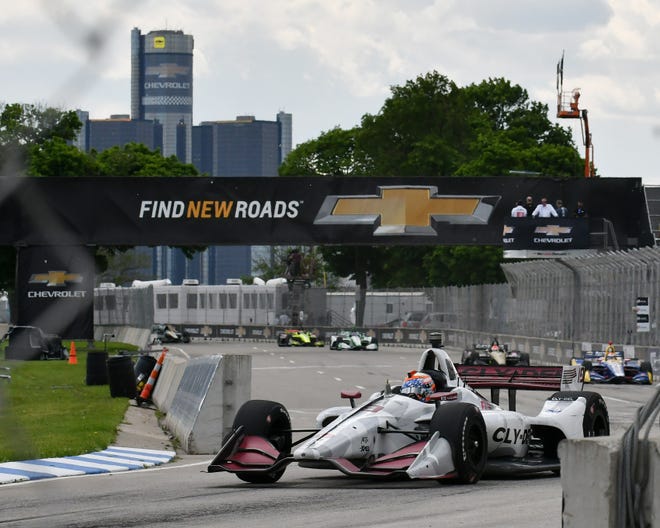 Santino Ferrucci takes an early lead at the Dual II IndyCar Series Race at the Chevrolet Detroit Belle Isle Grand Prix on Belle Isle.