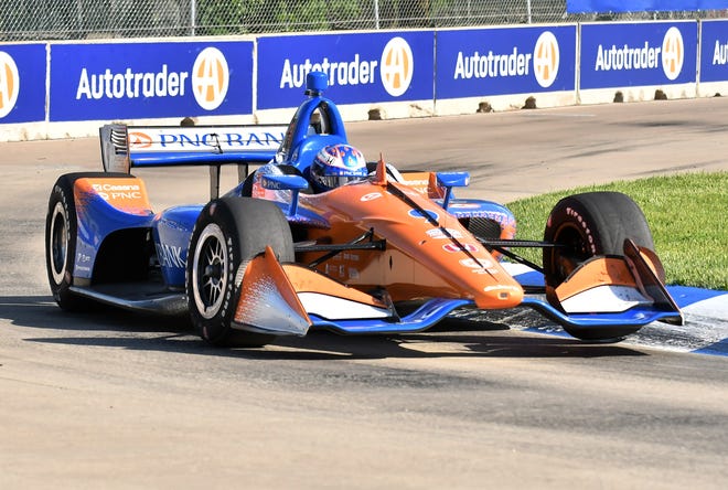 Scott Dixon, of Chip Ganassi Racing, drives in the Dual II IndyCar Series Race at the Chevrolet Detroit Belle Isle Grand Prix on Belle Isle.